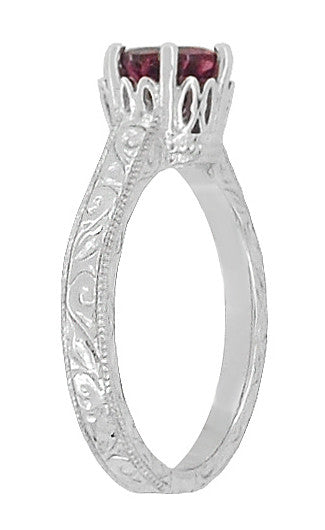 Art Deco Crown Filigree Scrolls 1.5 Carat Rhodolite Garnet Engagement Ring in 18 Karat White Gold - Item: R199WG - Image: 3