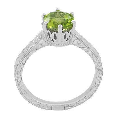 Art Deco Crown Filigree Scrolls Solitaire Peridot Engagement Ring in 18 Karat White Gold - Item: R199WPER - Image: 4