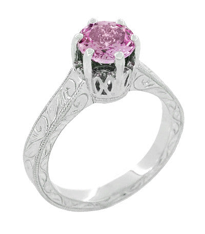 Art Deco Filigree Crown Solitaire 1 Carat Pink Sapphire Engraved Engagement Ring in 18 Karat White Gold - Item: R199WPS - Image: 3