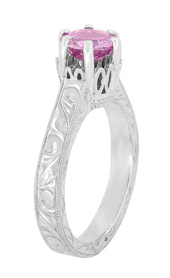 Art Deco Filigree Crown Solitaire 1 Carat Pink Sapphire Engraved Engagement Ring in 18 Karat White Gold - Item: R199WPS - Image: 4