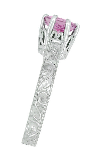 Art Deco Filigree Crown Solitaire 1 Carat Pink Sapphire Engraved Engagement Ring in 18 Karat White Gold - Item: R199WPS - Image: 5