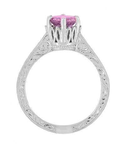 Art Deco Filigree Crown Solitaire 1 Carat Pink Sapphire Engraved Engagement Ring in 18 Karat White Gold - Item: R199WPS - Image: 6
