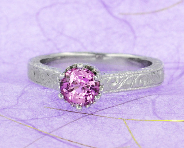 Art Deco Filigree Crown Solitaire 1 Carat Pink Sapphire Engraved Engagement Ring in 18 Karat White Gold - Item: R199WPS - Image: 8