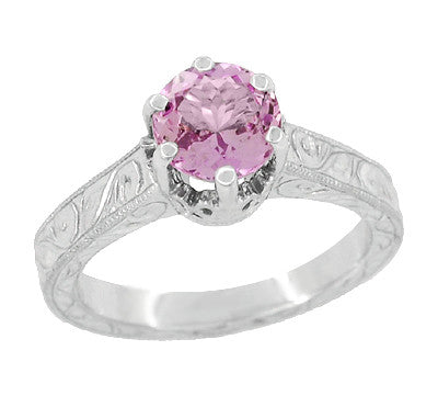 Art Deco Filigree Crown Solitaire 1 Carat Pink Sapphire Engraved Engagement Ring in 18 Karat White Gold - Item: R199WPS - Image: 2