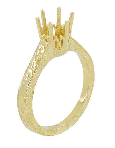Art Deco Yellow Gold 1 Carat Crown Filigree Scrolls Engagement Ring Setting - 14K or 18K - Item: R199Y1K14 - Image: 4