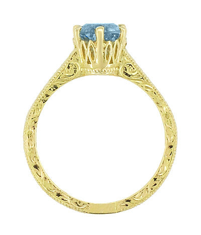 18 Karat Yellow Gold Art Deco Scrolls Filigree Crown 1 Carat Aquamarine Engraved Engagement Ring - Item: R199Y1A - Image: 4