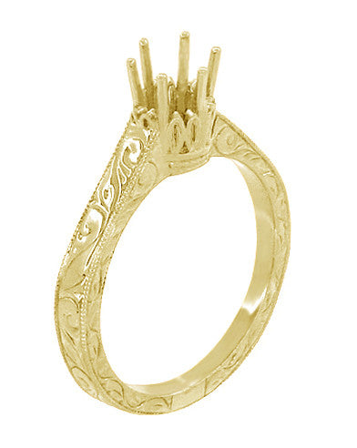 Filigree Scrolls Art Deco 1/4 Carat Crown Engagement Ring Setting in Yellow Gold - Item: R199Y14K25 - Image: 4