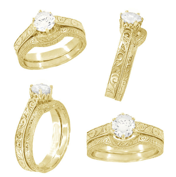 Filigree Scrolls Art Deco 1/4 Carat Crown Engagement Ring Setting in Yellow Gold - Item: R199Y14K25 - Image: 5