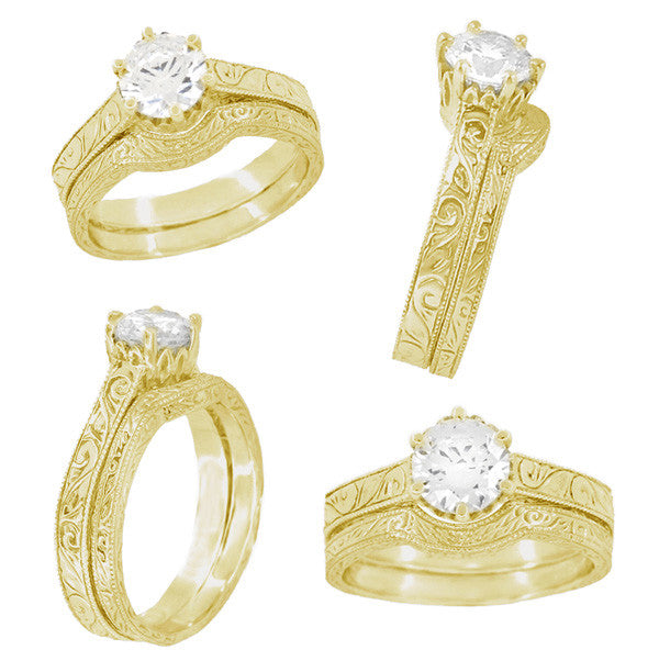 Art Deco Yellow Gold 3/4 Carat Crown Filigree Scrolls Engagement Ring Setting - Item: R199Y75K14 - Image: 5