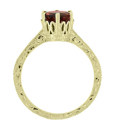 18 Karat Yellow Gold Art Deco Crown Filigree Scrolls 1.5 Carat Almandine Garnet Solitaire Engagement Ring - Item: R199YAG - Image: 4