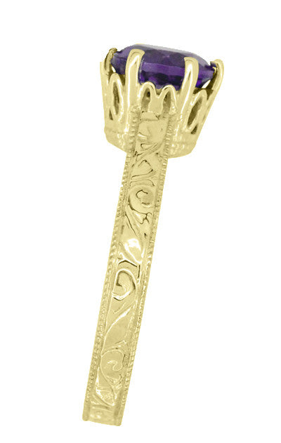 Art Deco Carved Scrolls Filigree Crown Solitaire Amethyst Engagement Ring in 18 Karat Yellow Gold - Item: R199YAM - Image: 6