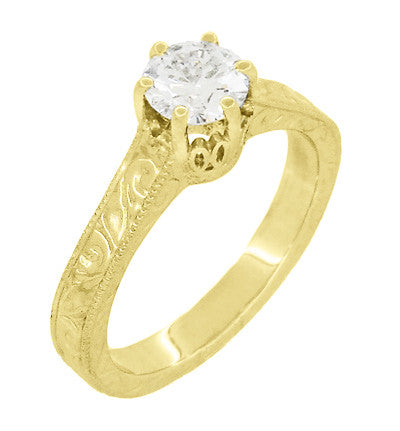 Art Deco Crown Filigree Scrolls Engraved Solitaire Diamond Engagement Ring in 18 Karat Yellow Gold - Item: R199YD50 - Image: 3