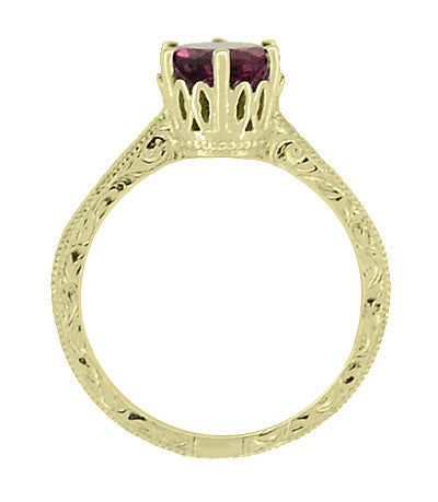 18 Karat Yellow Gold Art Deco Filigree Crown Solitaire 1.5 Carat Rhodolite Garnet Engagement Ring - Item: R199YG - Image: 4