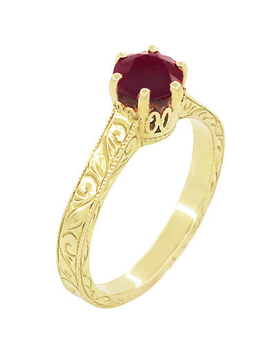 Art Deco Crown Filigree Scrolls Ruby Engagement Ring in 18 Karat Yellow Gold - Item: R199YRU - Image: 3