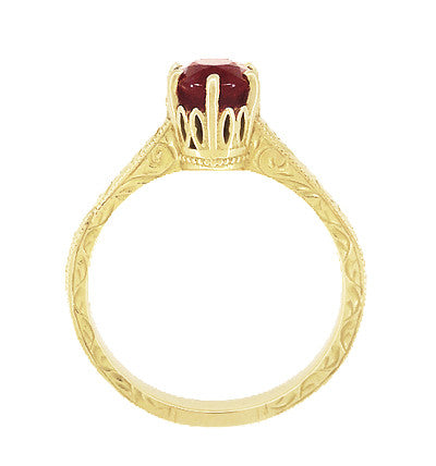 Art Deco Crown Filigree Scrolls Ruby Engagement Ring in 18 Karat Yellow Gold - Item: R199YRU - Image: 4