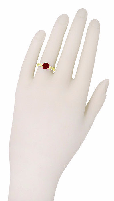 Art Deco Crown Filigree Scrolls Ruby Engagement Ring in 18 Karat Yellow Gold - Item: R199YRU - Image: 6