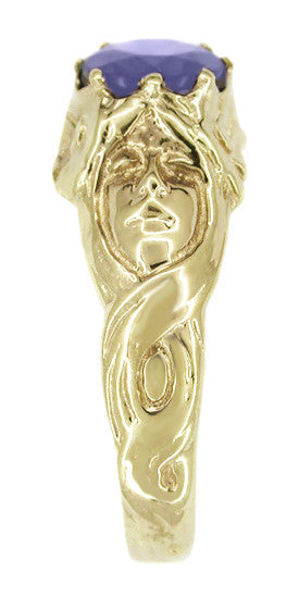 Art Nouveau Iolite Crowned Maidens Ring in 14 Karat Yellow Gold - Item: R203IOLITE - Image: 2