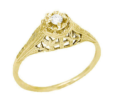 Art Deco Filigree Dainty Diamond Promise Ring in 14 Karat Yellow Gold