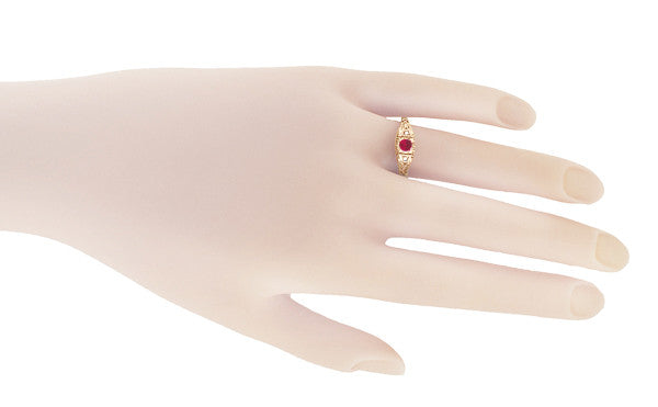 Art Deco Filigree Ruby and Diamond Engagement Ring in 14 Karat Rose Gold - Item: R227R - Image: 3