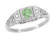 Art Deco Mint Green Tourmaline and Diamond Filigree Vintage Style Engagement Ring in 14 Karat White Gold