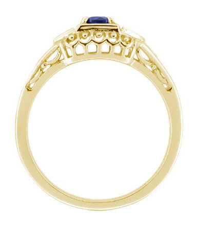 Dainty Filigree Art Deco Blue Sapphire and Side Diamond Engagement Ring in 14 Karat Yellow Gold - alternate view