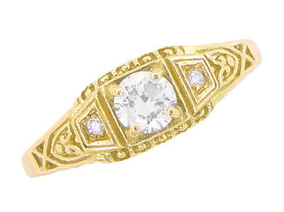 Art Deco Yellow Gold White Sapphires Filigree Low Dome Engagement Ring - Item: R228YWS - Image: 4