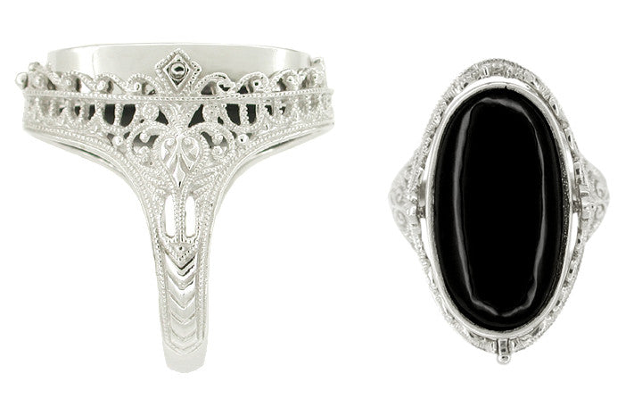 Edwardian Filigree Flip Ring with Carnelian Shell Cameo and Black Onyx in 14 Karat White Gold - Item: R229ND - Image: 2
