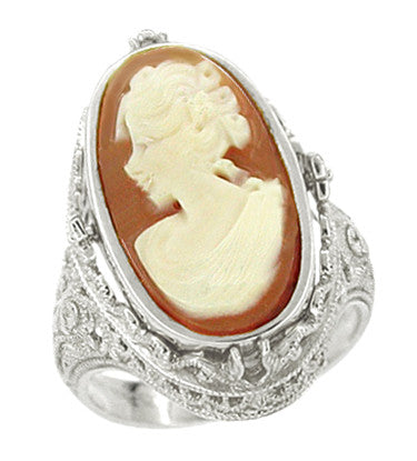 Edwardian Filigree Flip Ring with Carnelian Shell Cameo and Black Onyx in 14 Karat White Gold