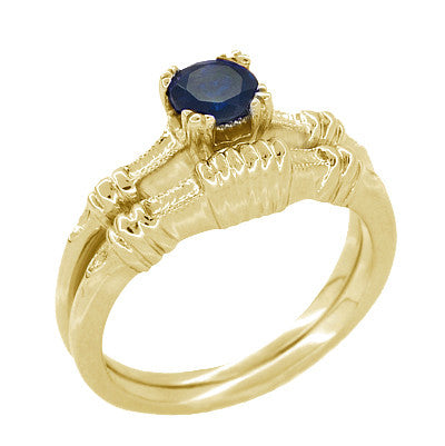 Art Deco Hearts and Clovers Blue Sapphire Engagement Ring in 14 Karat Yellow Gold - Item: R230Y - Image: 3