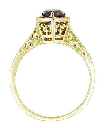 3/4 Carat Amethyst Art Deco Engraved Hexagon Filigree Ring in 14 Karat Yellow Gold - Item: R233Y - Image: 2