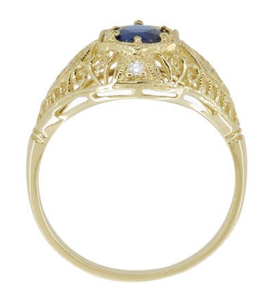 Edwardian Yellow Gold Blue Sapphire and Diamonds Scroll Dome Filigree Engagement Ring - Item: R234Y - Image: 4
