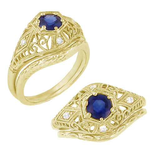 Edwardian Yellow Gold Blue Sapphire and Diamonds Scroll Dome Filigree Engagement Ring - Item: R234Y - Image: 5