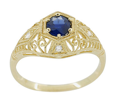 Edwardian Yellow Gold Blue Sapphire and Diamonds Scroll Dome Filigree Engagement Ring - alternate view