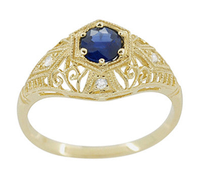 Edwardian Yellow Gold Blue Sapphire and Diamonds Scroll Dome Filigree Engagement Ring - Item: R234Y - Image: 2
