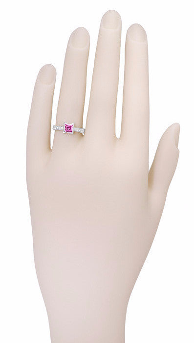 Art Deco Platinum 1/2 Carat Princess Cut Pink Sapphire and Diamonds Castle Engagement Ring - Item: R239PS - Image: 3