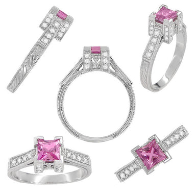 Art Deco Platinum 1/2 Carat Princess Cut Pink Sapphire and Diamonds Castle Engagement Ring - alternate view