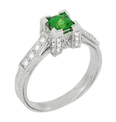 Art Deco 1/2 Carat Princess Cut Tsavorite Garnet and Diamond Engagement Ring in Platinum - alternate view