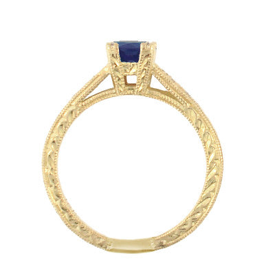 Art Deco Blue Sapphire and Diamonds Engraved Engagement Ring in 18 Karat Yellow Gold - Item: R283Y - Image: 3