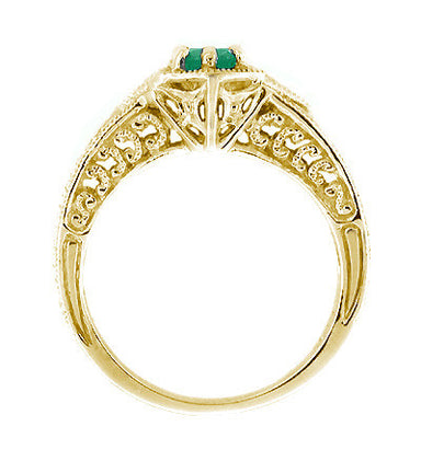 Yellow Gold Art Deco Filigree Engraved Emerald and Diamond Engagement Ring - alternate view