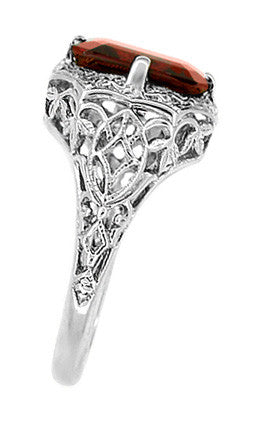 Art Deco Flowers and Leaves Almandine Garnet Filigree Ring in 14 Karat White Gold - Item: R289WG - Image: 3