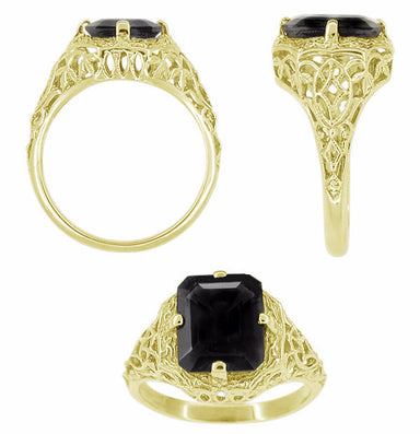 14 Karat Yellow Gold Art Deco Filigree Emerald Cut Black Onyx Ring - alternate view