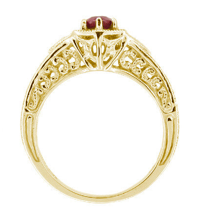 Yellow Gold Art Deco Filigree Hexagon Ruby Engagement Ring with Side Diamonds - Item: R290Y - Image: 2