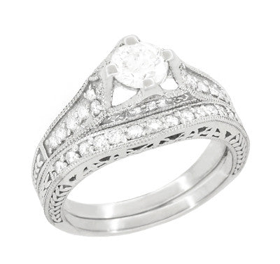 Belnord Art Deco Filigree Diamond Wheat Engraved Engagement Ring Semimount in Platinum - Item: R296P50D - Image: 5