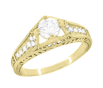 Belnord 18 Karat Yellow Gold Engraved Art Deco Filigree Diamond Engagement Ring - Item: R296Y50D - Image: 2