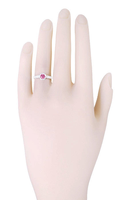 Art Deco Filigree Pink Sapphire and Diamond Engagement Ring in Platinum - Item: R298PPS - Image: 3
