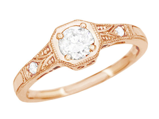 1930's Art Deco 14 Karat Rose Gold Low Profile Diamond Engagement Ring - Item: R298RD-LC - Image: 2