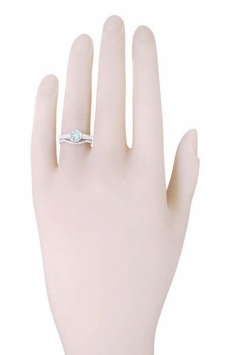 Art Deco Filigree Aquamarine and Diamond Engagement Ring in White Gold - 18K or 14K - Item: R298W14A - Image: 4