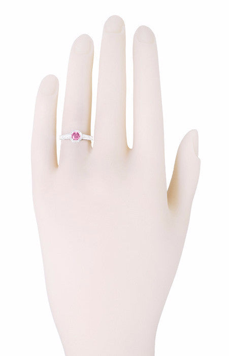 Art Deco Square Frame Filigree Natural Pink Sapphire Engagement Ring in White Gold - Item: R298W14PS - Image: 3