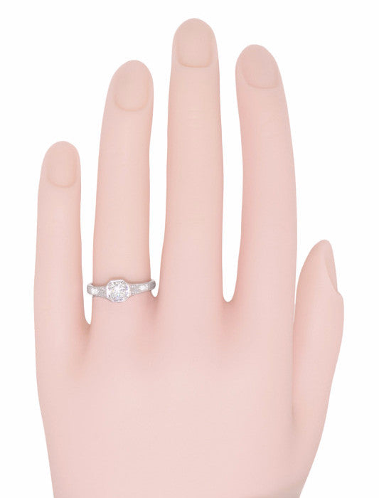 Art Deco Filigree White Sapphire Engagement Ring in White Gold - 14 or 18 Karat - Item: R298W14WS - Image: 4