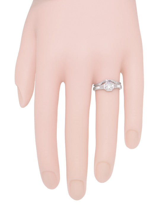 Art Deco Filigree White Sapphire Engagement Ring in White Gold - 14 or 18 Karat - Item: R298W14WS - Image: 7